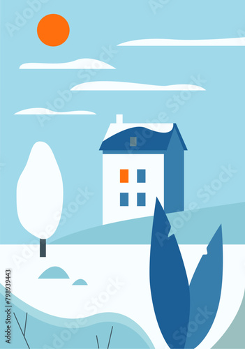 Abstract winter landscape with house on hill, tree and field with snow and ice vector illustration photo