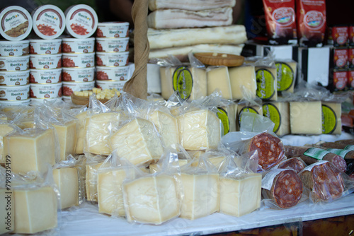 Traditional cheeses and sausages at a medieval fair
Food stalls during the medieval fair 
