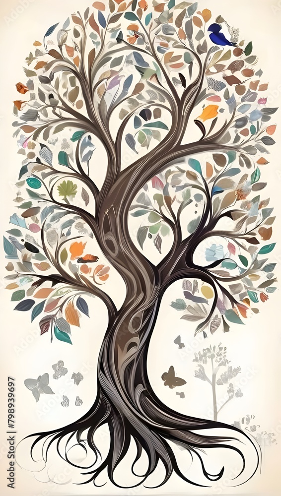 Obraz premium Create a vector design of a tree symbolizing life's aspects like family, career, and hobbies, showcasing their interconnectedness.