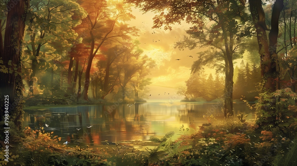 Obraz premium In a vintage-inspired masterpiece, a secluded lake is cradled within a dense forest teeming with life.