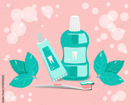Oral hygiene. Toothbrush, toothpaste and mouth balm