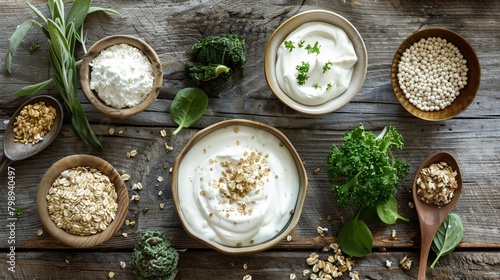 Top view of a variety of digestive health foods like yogurt whole grains and leafy greens neatly arranged on a rustic wooden table photo