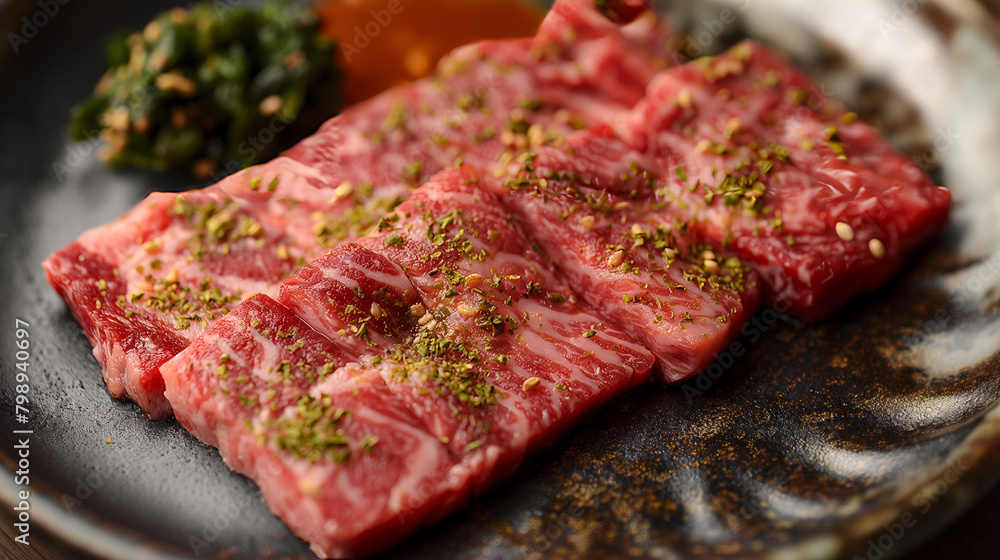 Raw beef slices meticulously prepared for cooking, showcasing the meat's marbling and freshness on a dark plate Raw beef slices meticulously prepared for cooking, showcasing the meat's marbling and freshness on a dark plate