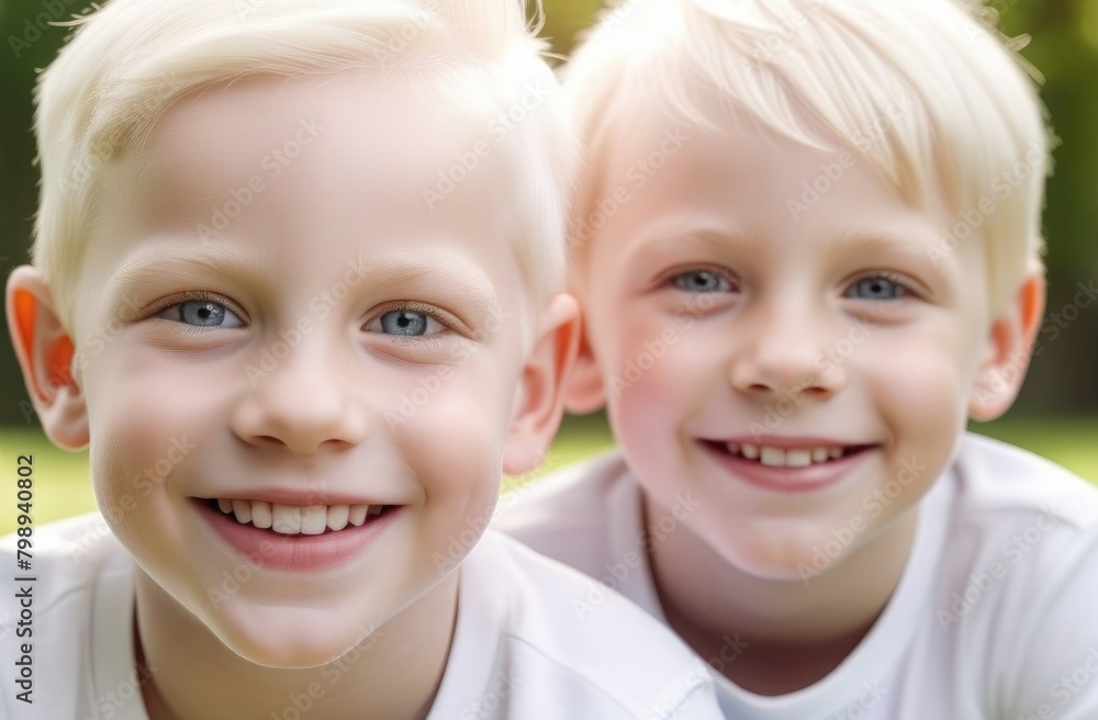 Albino children close-up looking at frame and smiling,albinos in summer park,International Albinism Awareness Day Albino children close-up looking at frame and smiling,albinos in summer park,International Albinism Awareness Day