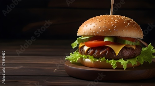 Restaurant menu designs, food photography portfolios, culinary blog covers,Delicious Burger with Bacon, Cucumbers, Lettuce, Cheese, Onion, and Tomatoes on Dark Wooden Background
