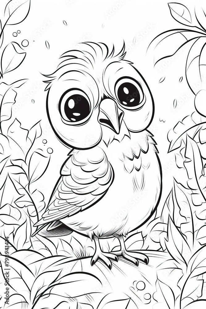 Obraz premium Hand drawn sketch of bird in blooming tree branch with pattern and small detail. Coloring page for kids and adult.