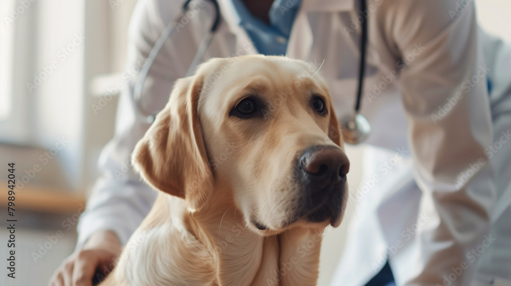 unrecognizable male veterinarian close up examining white labrador dog at vet clinic,