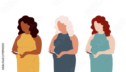 Set of pictures Pregnant woman checking blood sugar level with blood glucose meter.