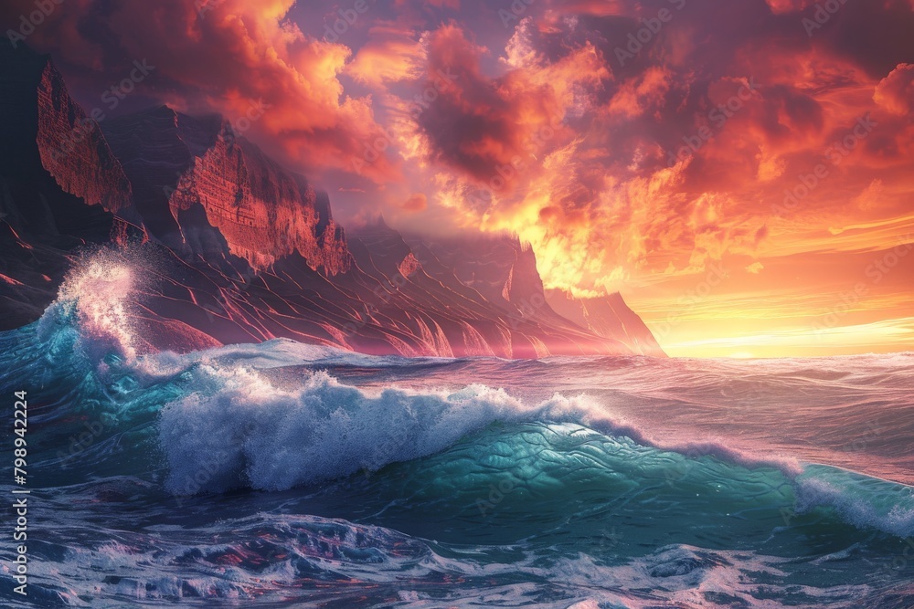 Fototapeta premium A dramatic seascape with towering waves crashing against rugged cliffs, captured during a vibrant sunset with fiery orange and pink hues painting the sky 