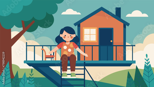 A young girl with cerebral palsy navigating through a treehouse with the help of ramps and rails.. Vector illustration