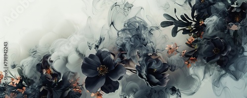 A dramatic watercolor composition of dark, moody florals contrasted against a stark white background  photo