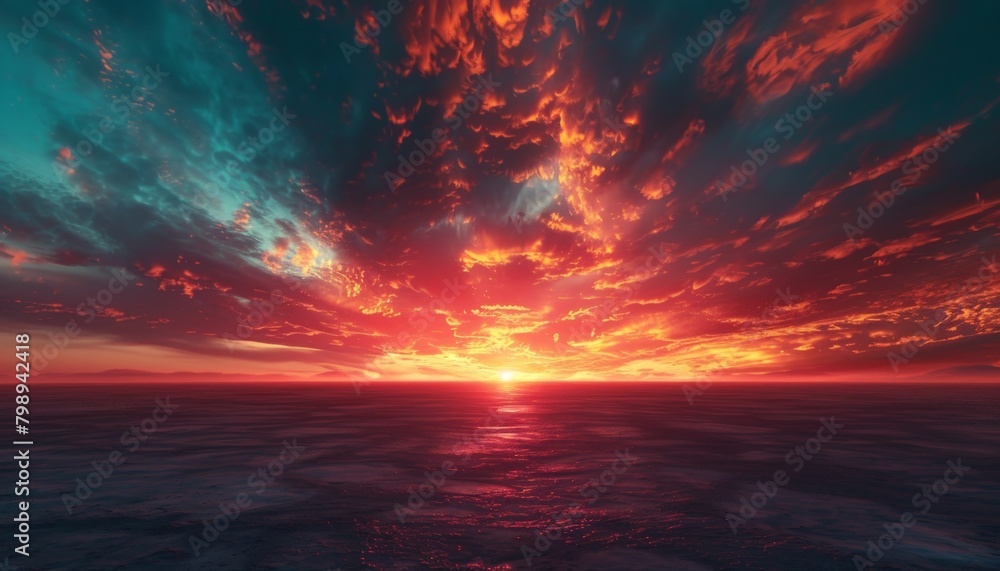 A dreamlike abstract landscape with a hazy horizon line separating a field of cerulean blue from a fiery red sky, dotted with wispy clouds  