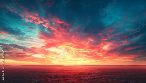 A dreamlike abstract landscape with a hazy horizon line separating a field of cerulean blue from a fiery red sky, dotted with wispy clouds   © EC Tech 