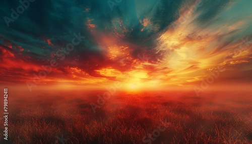 A dreamlike abstract landscape with a hazy horizon line separating a field of cerulean blue from a fiery red sky  dotted with wispy clouds  