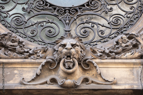 Lion relief on ancient building in Lviv, Ukraine