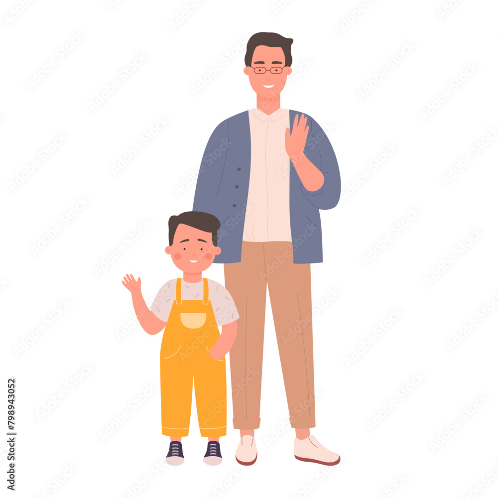 Young father in glasses and son standing together and waving arms, greeting vector illustration