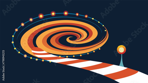 The twirling tiltawhirl creates a mesmerizing trail of lights drawing in passersby to take a whirl on the dizzying ride.. Vector illustration