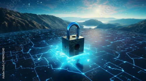  Step into the realm of digital protection with a compelling image of a digital padlock amidst a sea of abstract blue data, symbolizing the imperative of securing computer information and networks in  photo