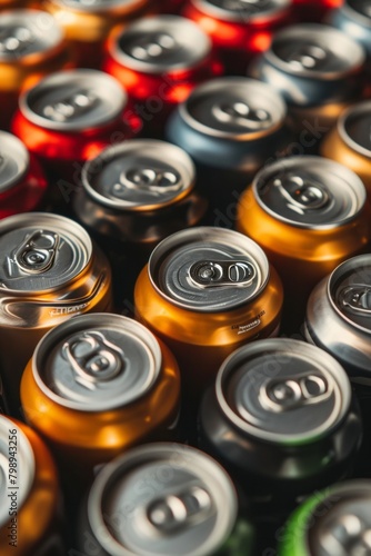 A detailed close-up of a bunch of soda cans. Advertising for beverage industry promotions, or as a background for a food and drink
