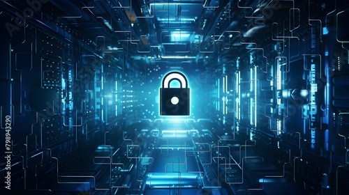 Step into the realm of digital protection with a compelling image of a digital padlock amidst a sea of abstract blue data, symbolizing the imperative of securing computer information and networks in  photo