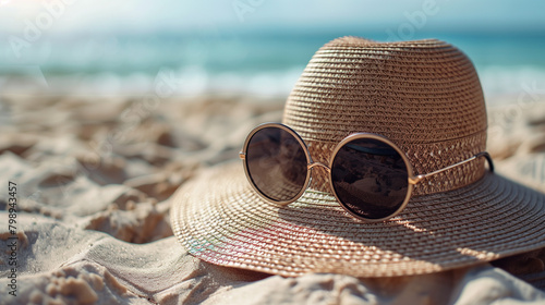 summer wallpaper  hat and sunglasses on beach in front of exotic sea 