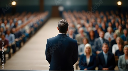 Leadership training materials, corporate event promotions, business conference advertisements,Confident Business Leader Addressing Audience with Authority