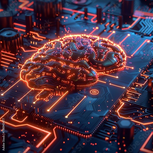 A glowing circuit board shaped like a brain, with data streams flowing through it, depicting the intelligent and complex nature of blockchain technology  © EC Tech 
