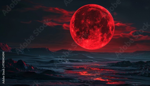 A hauntingly beautiful abstract landscape with a crimson full moon casting an eerie glow on a desolate black terrain 