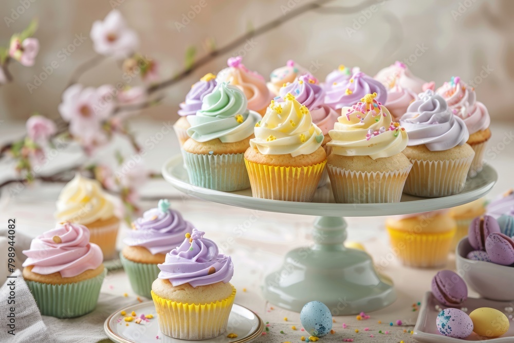 Close-up of delightful display of cupcakes with colorful frosting and sprinkles, arranged on a tiered cake stand, pastel colors Close-up of delightful display of cupcakes with colorful frosting and sprinkles, arranged on a tiered cake stand, pastel colors