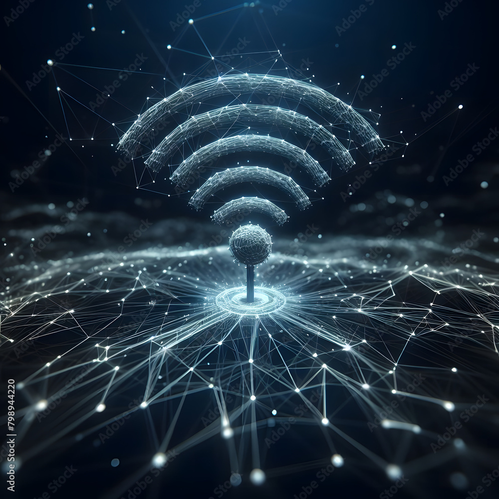 3D conceptual illustration of a central WiFi symbol connected to various devices and smaller WiFi symbols, set against a dark background. The WiFi and device icons are illuminated in blue 3D conceptual illustration of a central WiFi symbol connected to various devices and smaller WiFi symbols, set against a dark background. The WiFi and device icons are illuminated in blue