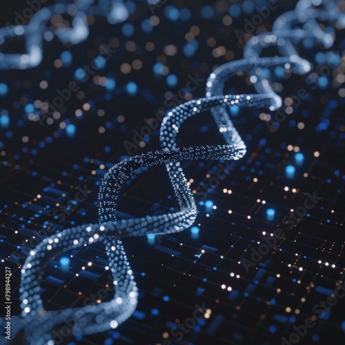 A line of code forming a double helix structure, similar to DNA, representing the self replicating and distributed nature of blockchain technology 
