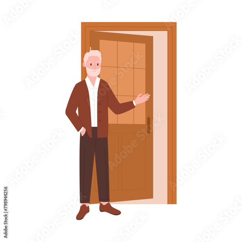 Elderly man with beard inviting entry, pointing to open brown door vector illustration