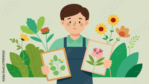 A young botanist proudly showing off their meticulously kept collection of pressed flowers and leaves.