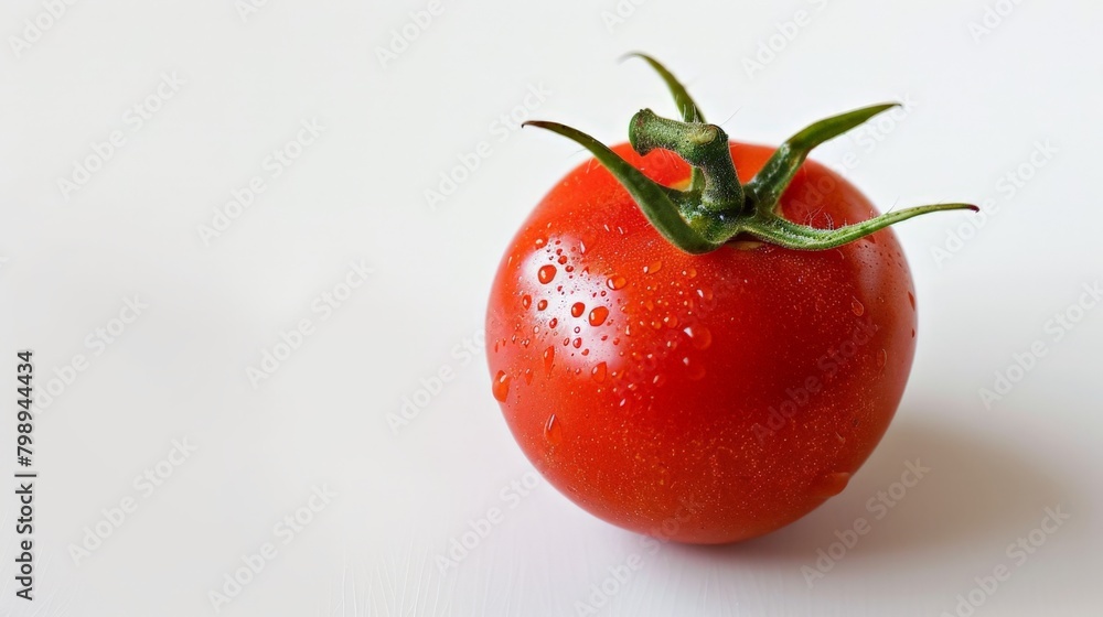 Tomato with water droplets on white surface Tomato with water droplets on white surface