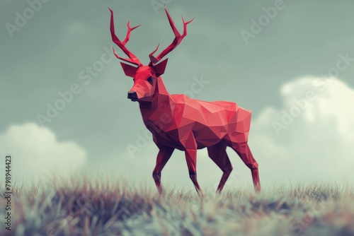 A low poly crimson geometric animal, like a deer or a fox, rendered in a retro video game aesthetic   photo