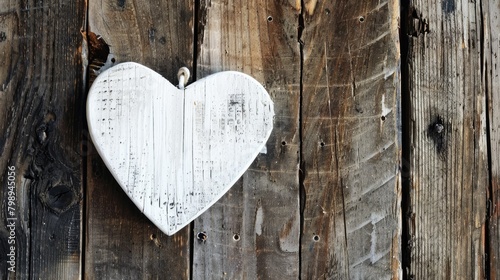 A white heart contrasted against a rustic wooden backdrop conveys the essence of love