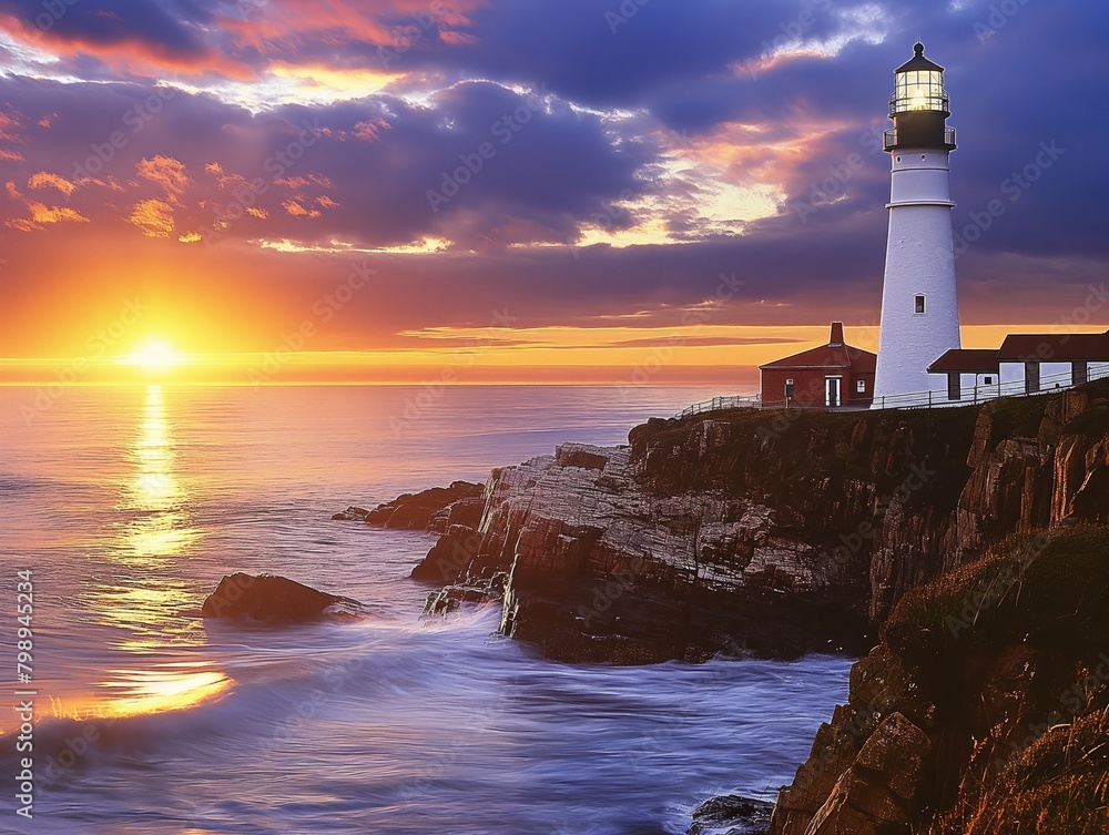 A lighthouse is on a rocky cliff overlooking the ocean. The sun is setting, casting a warm glow over the scene
