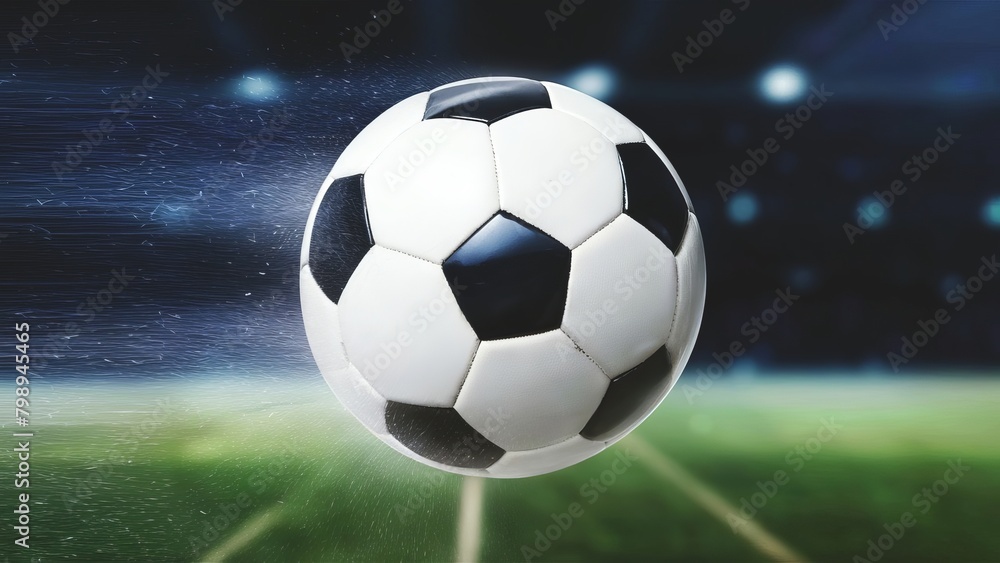 Naklejka premium Soccer ball in flight, dynamic illustration, mega force, against the background of a football stadium, 2024 championship