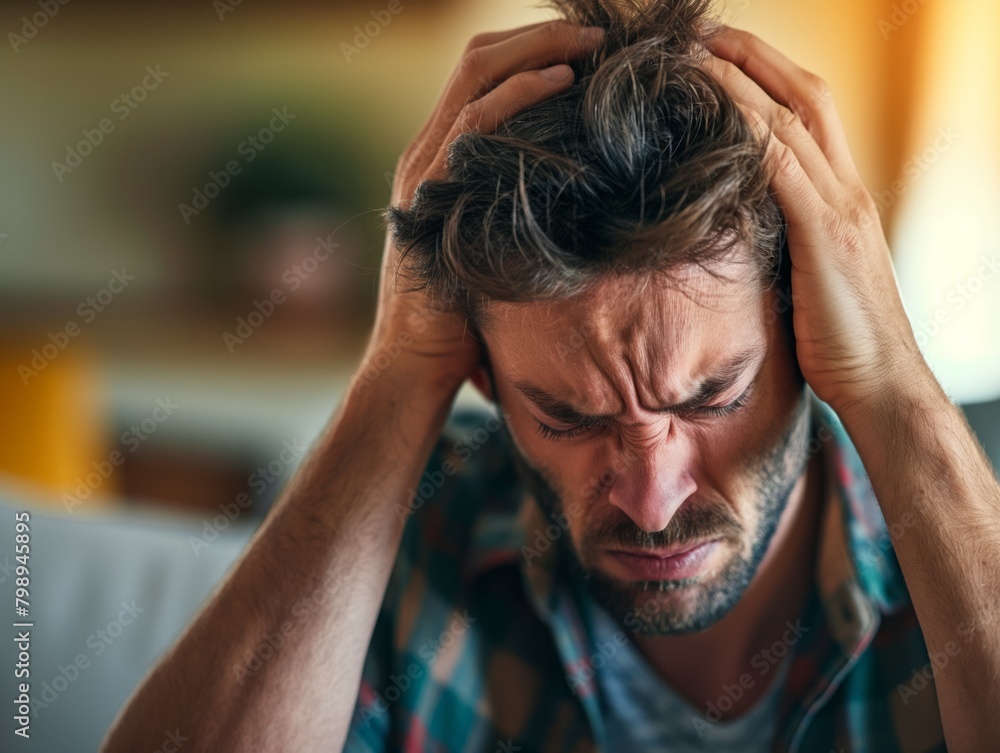 A man with messy hair is sitting on a couch and looking very angry. He has his hands on his head and is frowning A man with messy hair is sitting on a couch and looking very angry. He has his hands on his head and is frowning