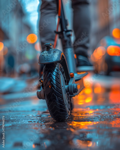 Electric scooter on a rainy city street. 