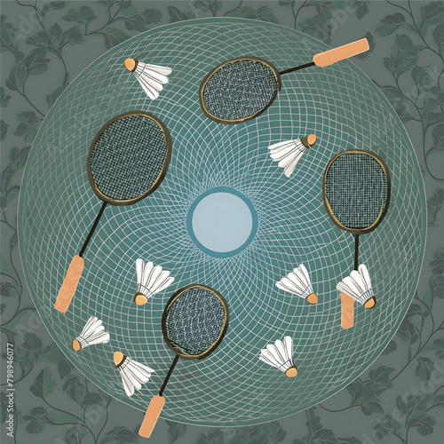 Geometric Badminton Equipment and Botanical Motifs Illustration  © Єгор Городок