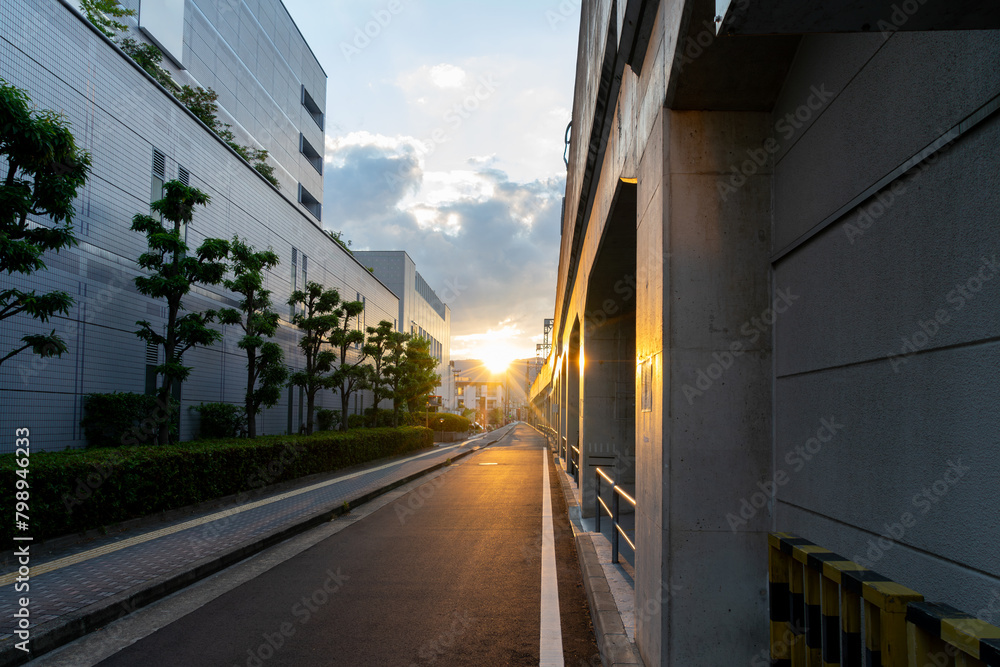 夕日に照らされる道路 夕日に照らされる道路