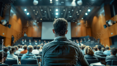 Man attending conference in modern auditorium. 