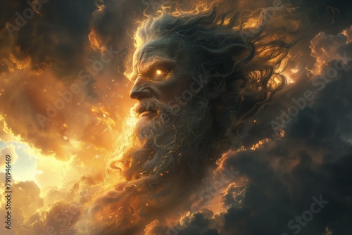 Zeus menacing evil in the clouds male appearance with a beard and a stern look with lightning in thunderclouds furiously strikes with flashes of electric discharges photo