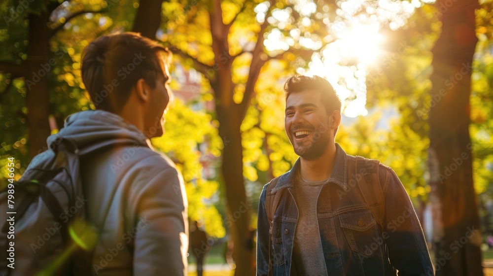 Casual man joyfully meets friend in sunny park, light dances through trees. Guy waving to a woman Casual man joyfully meets friend in sunny park, light dances through trees. Guy waving to a woman