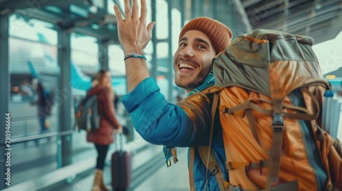 Excited male backpacker with luggage greets woman at airport gate, a scene of joyful reunion. Guy waving to a woman photo