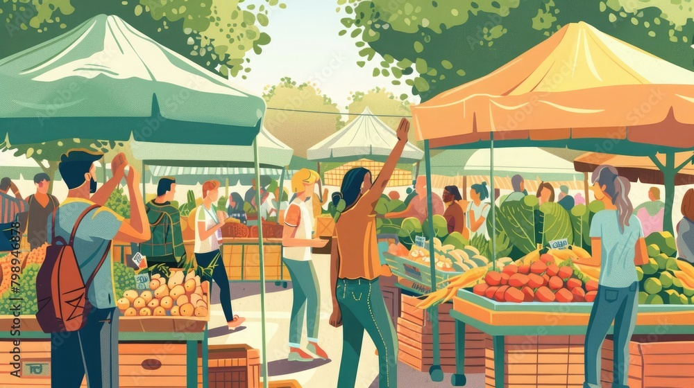 Obraz premium Community spirit at farmer's market as man waves to woman across bustling stalls. Guy waving to a woman