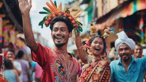 Man waves excitedly to woman in traditional attire amid festival street, celebrating culture. Guy waving to a woman