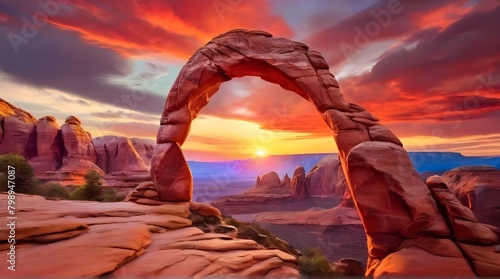 Travel brochures, landscape photography, outdoor adventure magazines,Natural Delicate Red Rock Arch at Vibrant Sunset Sky © Mustapha.studios
