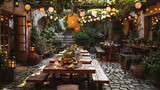 A cozy backyard or garden, bathed in the golden light of the late afternoon sun. A long, rustic wooden table is set with care, adorned with simple, yet elegant, tableware and surrounded by comfortable